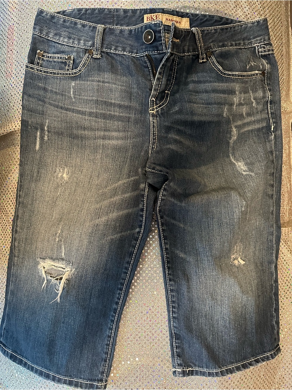BKE Women’s Distressed Dark Blue denim jean Shorts bermuda longer length